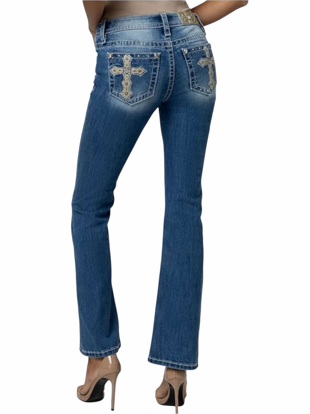 MISS ME Cross Pocket Mid Rise Boot Cut Jeans Blue Denim Size 26 x 30 New